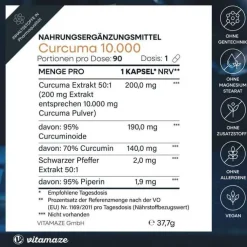 Curcuma 10.000 + Piperin hochdosiert vegan Kapseln, 90 St