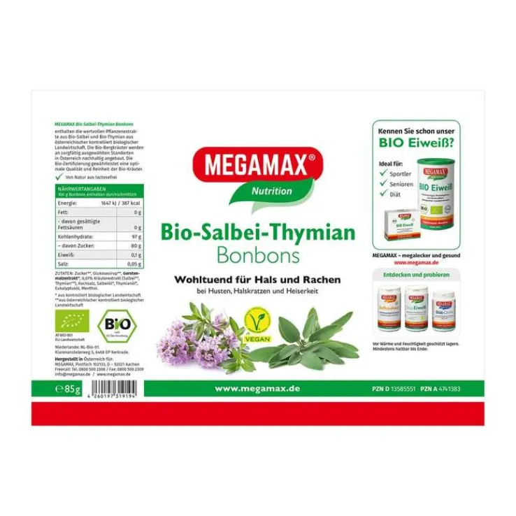 Megamax Bio Salbei-Thymian Bonbons, 85 g