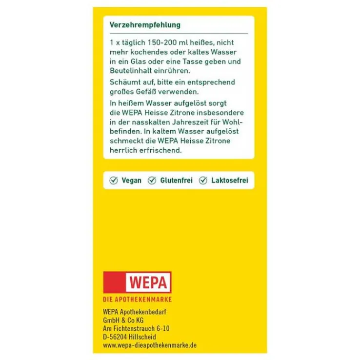 Wepa heiße Zitrone + Vitamin C + Calcium zuckerfrei Pulver, 10X10 g