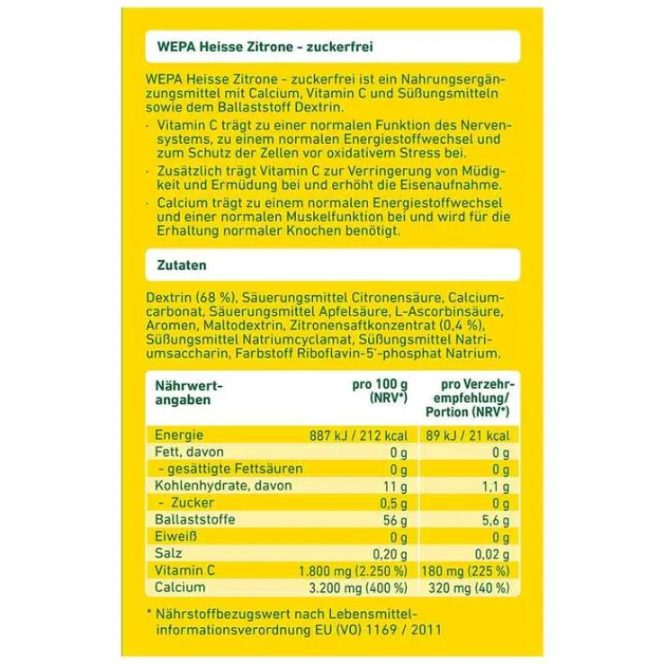 Wepa heiße Zitrone + Vitamin C + Calcium zuckerfrei Pulver, 10X10 g